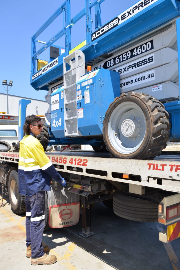 Access Express Genie Rough Terrain Scissor Lift Secured on Tilt Tray in Canning Vale, WA