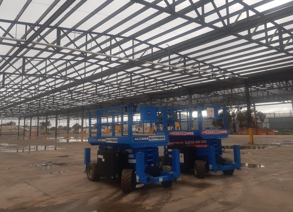 Access Express & Access Hire Blue Scissor Lifts at Centennial Warehouses Royal Park SA