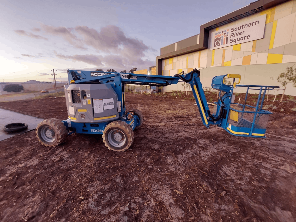 Access Express Blue Boom Lift at Southern River Square