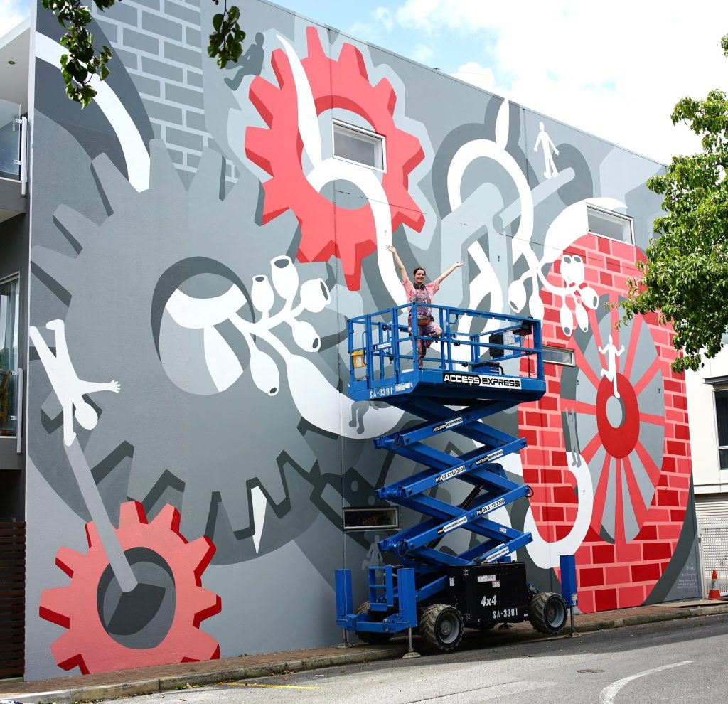 Access Express Genie Scissor Lift Cogs Mural Artwork on Site